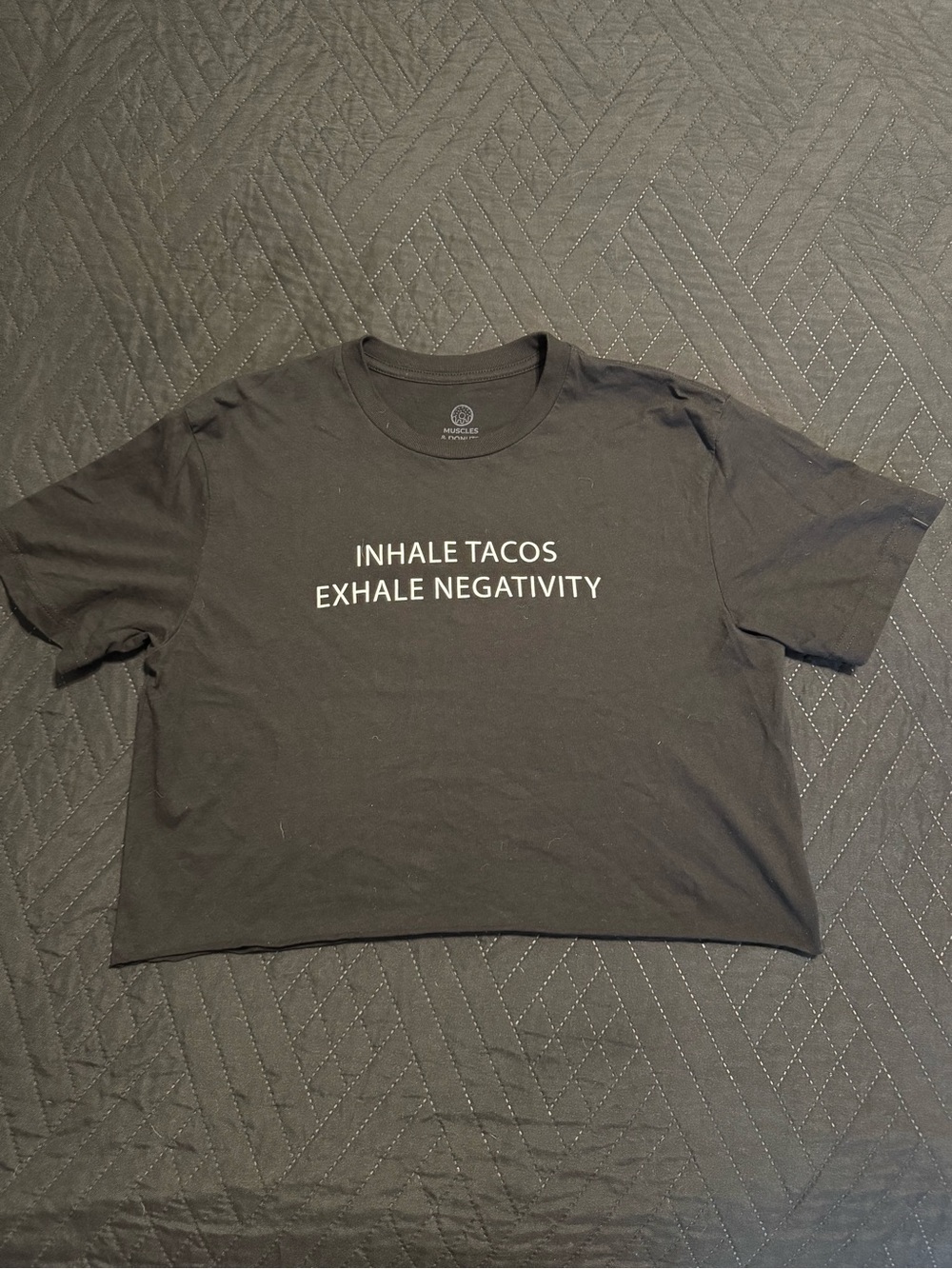 Black Crop Tee with Positive Slogan - Inhale Tacos Exhale Negativity